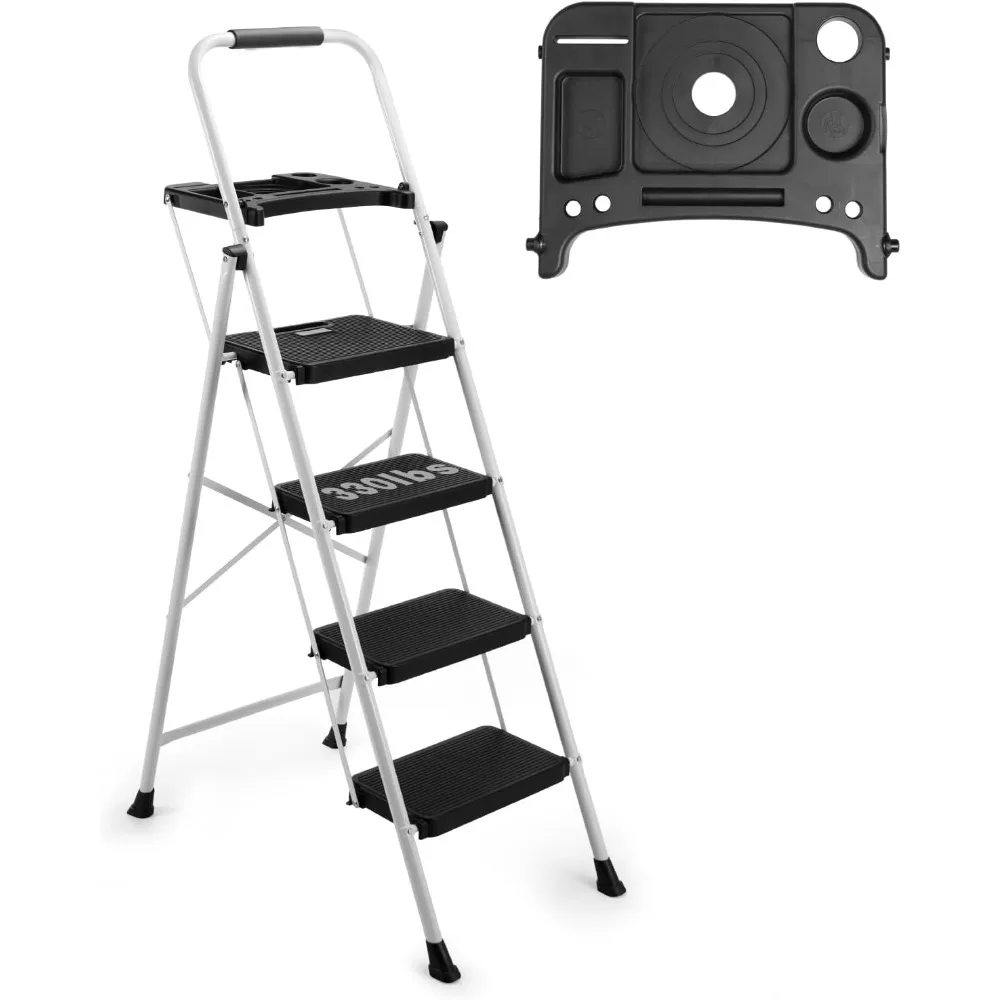 4-traps ladder met gereedschapsplatform, breed antislipplatform en dikke rubberen voetjes - Lichtgewicht, robuust, opvouwbaar en draagbaar