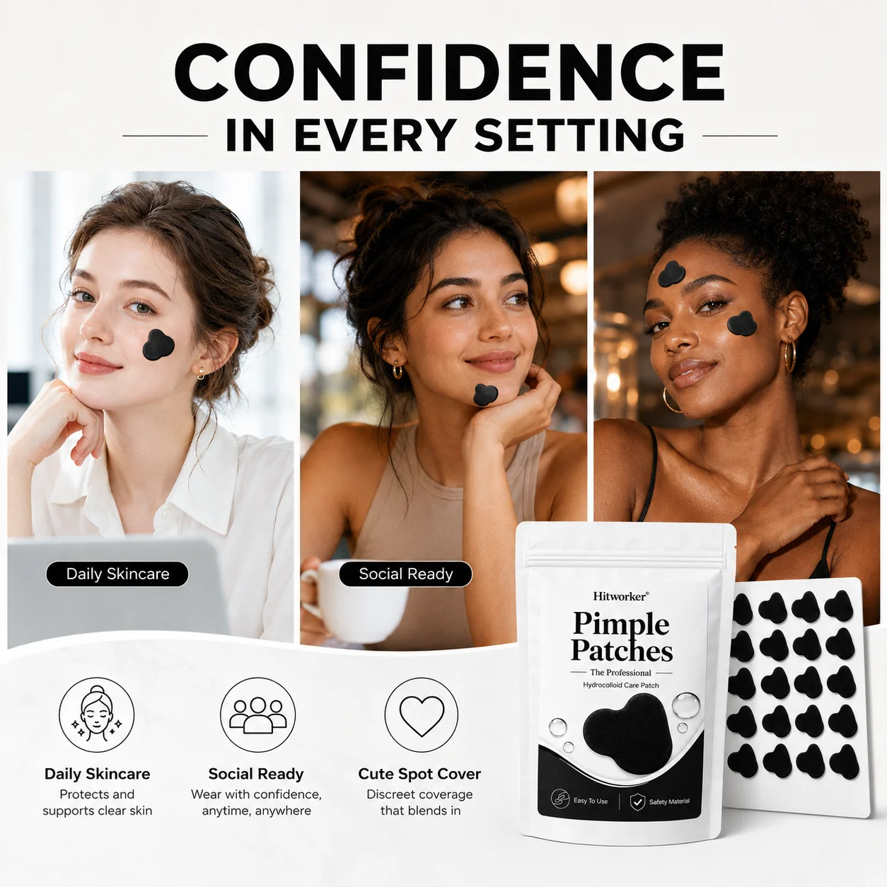 Black Hydrocolloid Pimple Patches, Cute Cloud Shape Acne Spot Stickers, Ultra-Thin Blemish Cover Patches for Daily Skincare view 3