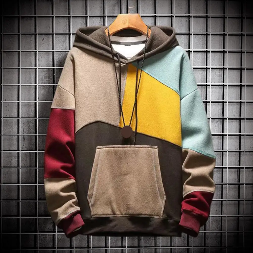 

Men Autumn Hoodie Color Matching Thin Fleece Hooded Long Sleeves Oversized Keep Warm Big Pocket Casual Spring Hoodie for Daily