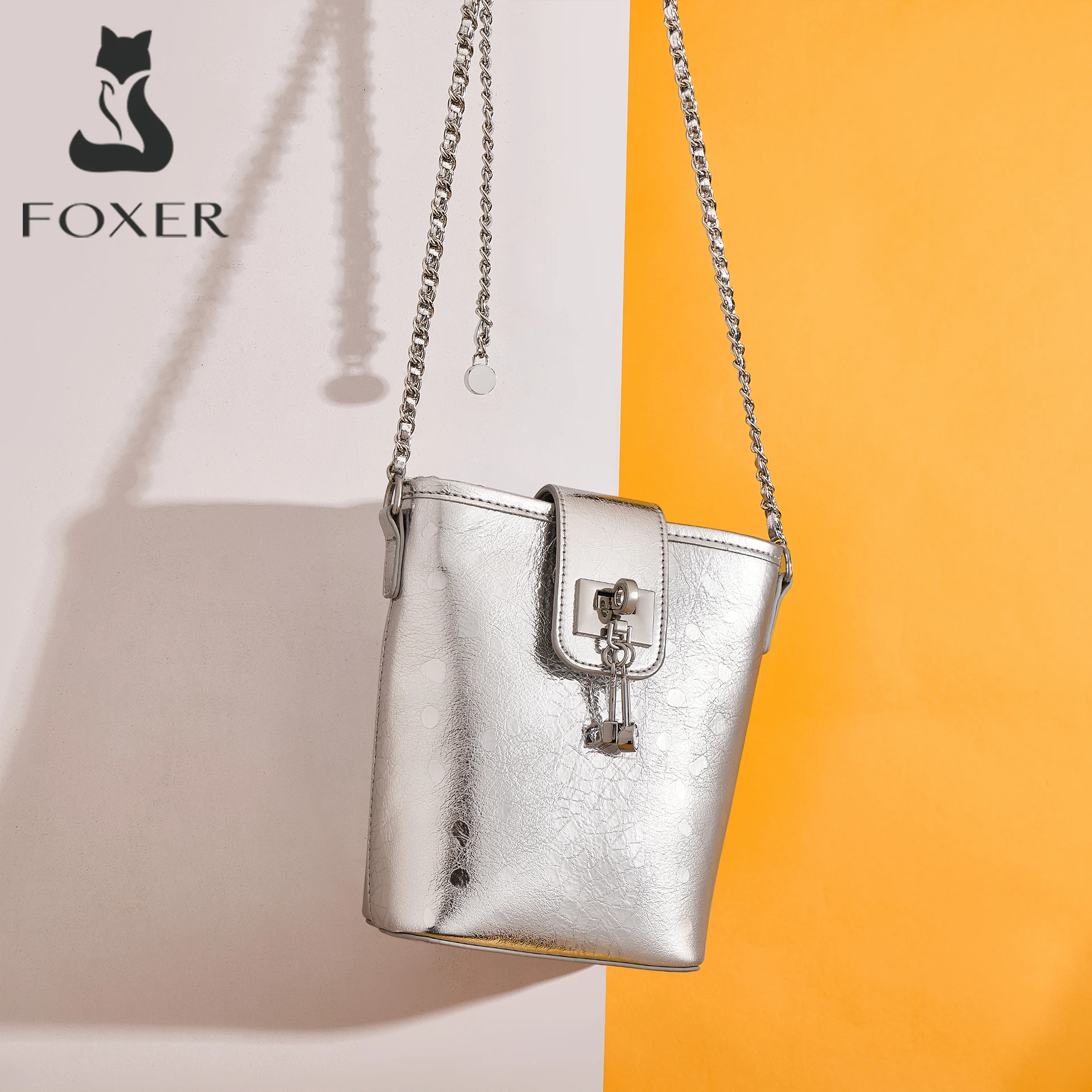 FOXER Silver Mini Cellphone Bag for Women Metallic Genuine Leather Crossbody Bag Chain Strap Lock Design Ladies Shoulder Purse