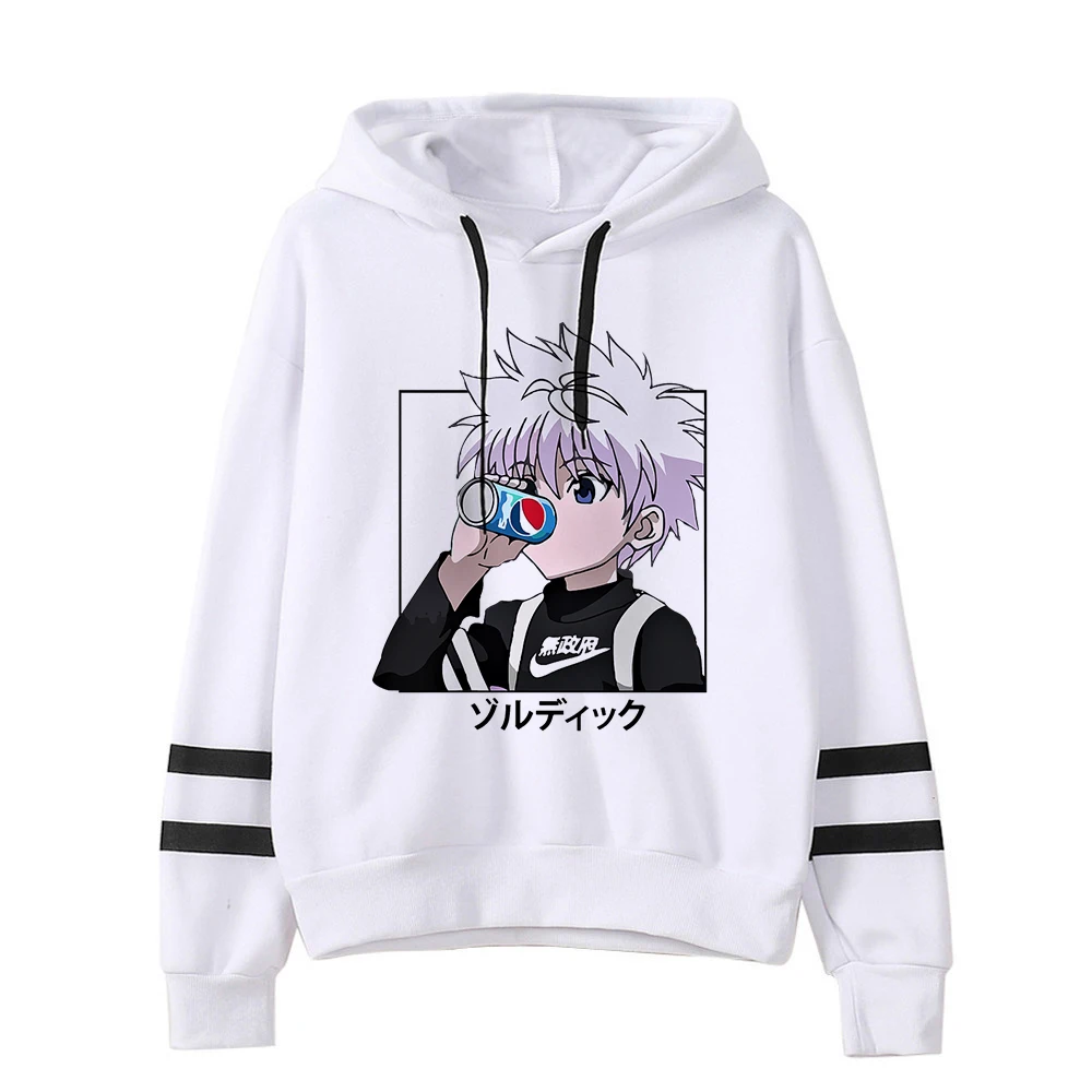 

Japanese Anime Hunter x Hunter Hoodie Cartoon Killua Drink Graphic Sweatshirt Womans 90s Casual Long Sleeve Hooded Pullovers