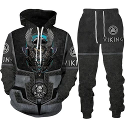 Autunno inverno 3D stampato Viking Warrior uomo tuta Streetwear felpa con cappuccio allentata Set tuta Unisex abbigliamento sportivo Pullover oversize