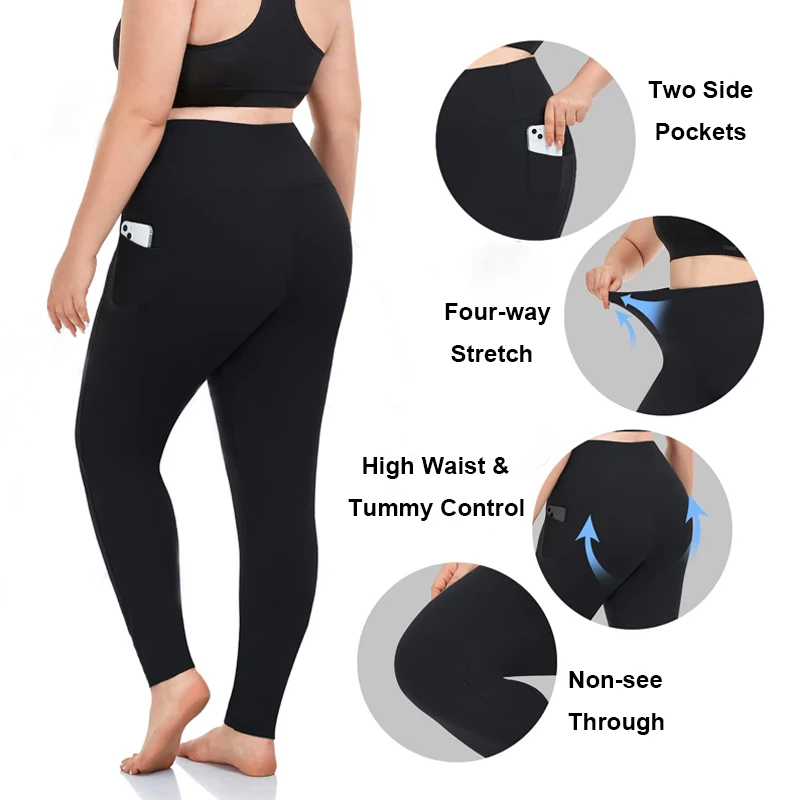 VITALINOVO Plus Size Leggings with Pockets for Women High Waisted Tummy Control Soft Stretchy Yoga Pants for Workout Running