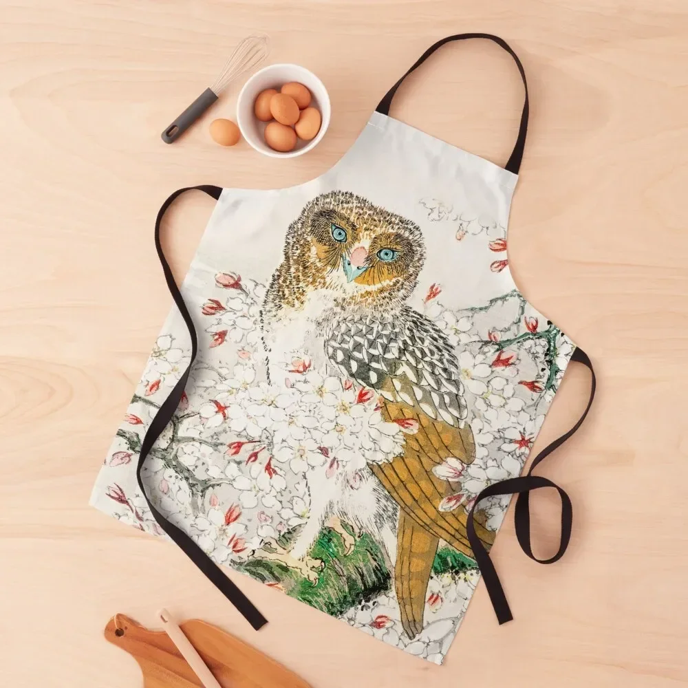 Short-eared Owl and Cherry Flower by Numata Kashu Apron Barista Waterproof Cute Kitchen Accessories Woman Kitchens Apron