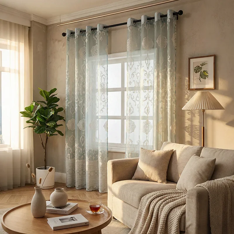 Nordic Modern Lace Grommet Curtain Semi-Shading Living Room Bedroom Gauze Window Screen High Quality Sheer Jacquard Curtains