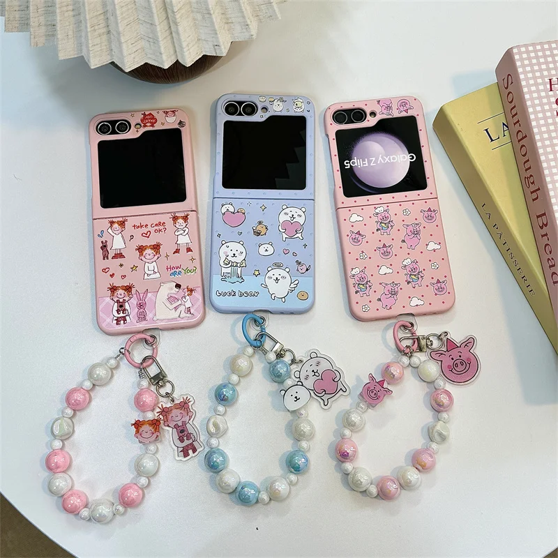 

Korean cute cartoon girl Bear phone case for Samsung Galaxy Z Flip 3 4 zflip 5 6 zflip 5G Kawaii pig chain hard shockproof cover