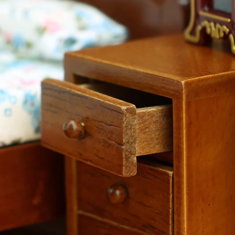 

Miniature Bedroom Nightstand For 1/12 Dollhouses Three Drawer Design Realistic Finish Smooth Operational Doors 15UB