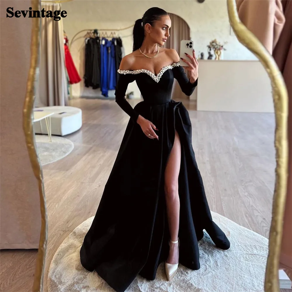 Sevintage Customized Elegant Black Prom Dresses A-Line Satin Off The Shoulder Long Sleeves Floor Length Party Gowns