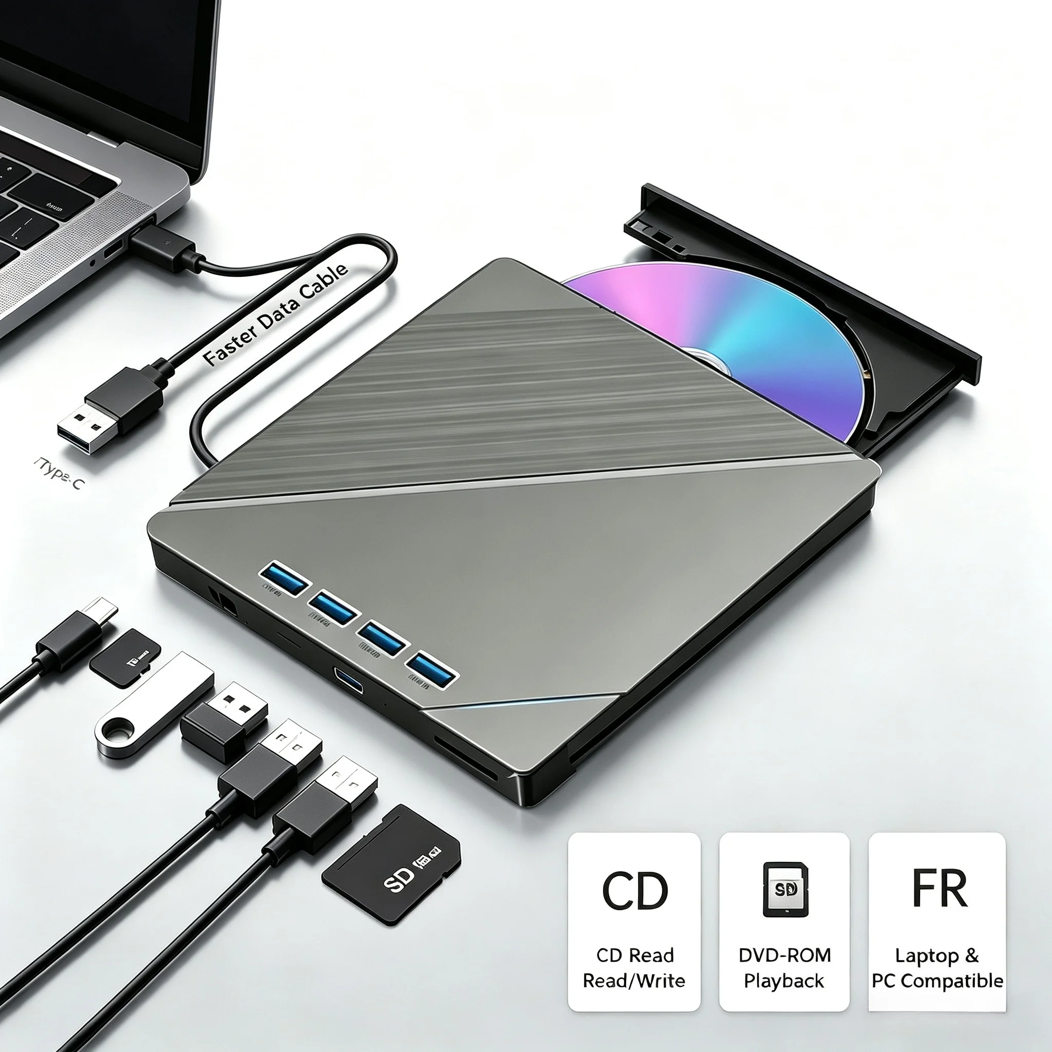 7 in 1 External CD DVD Drive, USB 3.0 Type-C CD-RW Burner, Slim Portable DVD-ROM Reader Player For Laptop Desktop PC