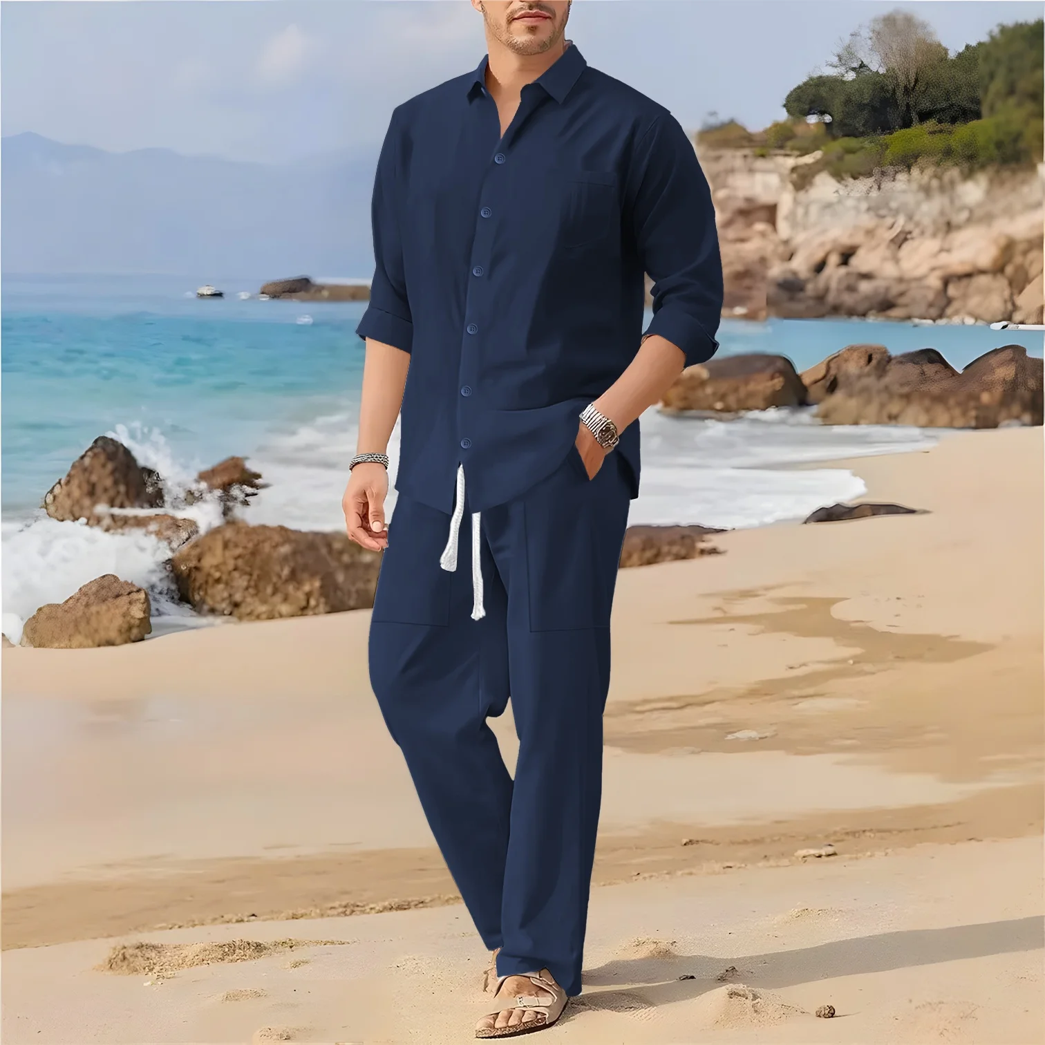 New men's retro cotton and linen casual suit with a collar, stylish pocket shirt, paired with drawstring pants and sports outfit