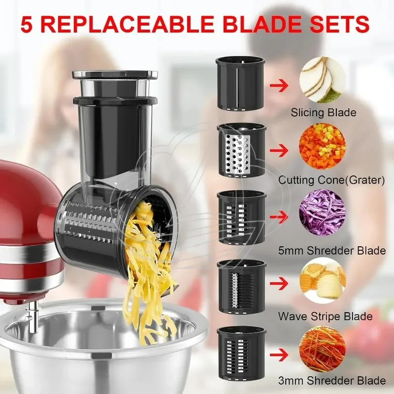 Slicer Shredder Attachment for KitchenAid Stand Mixer with 5 Blades, Large Feed Chute Cheese Grater