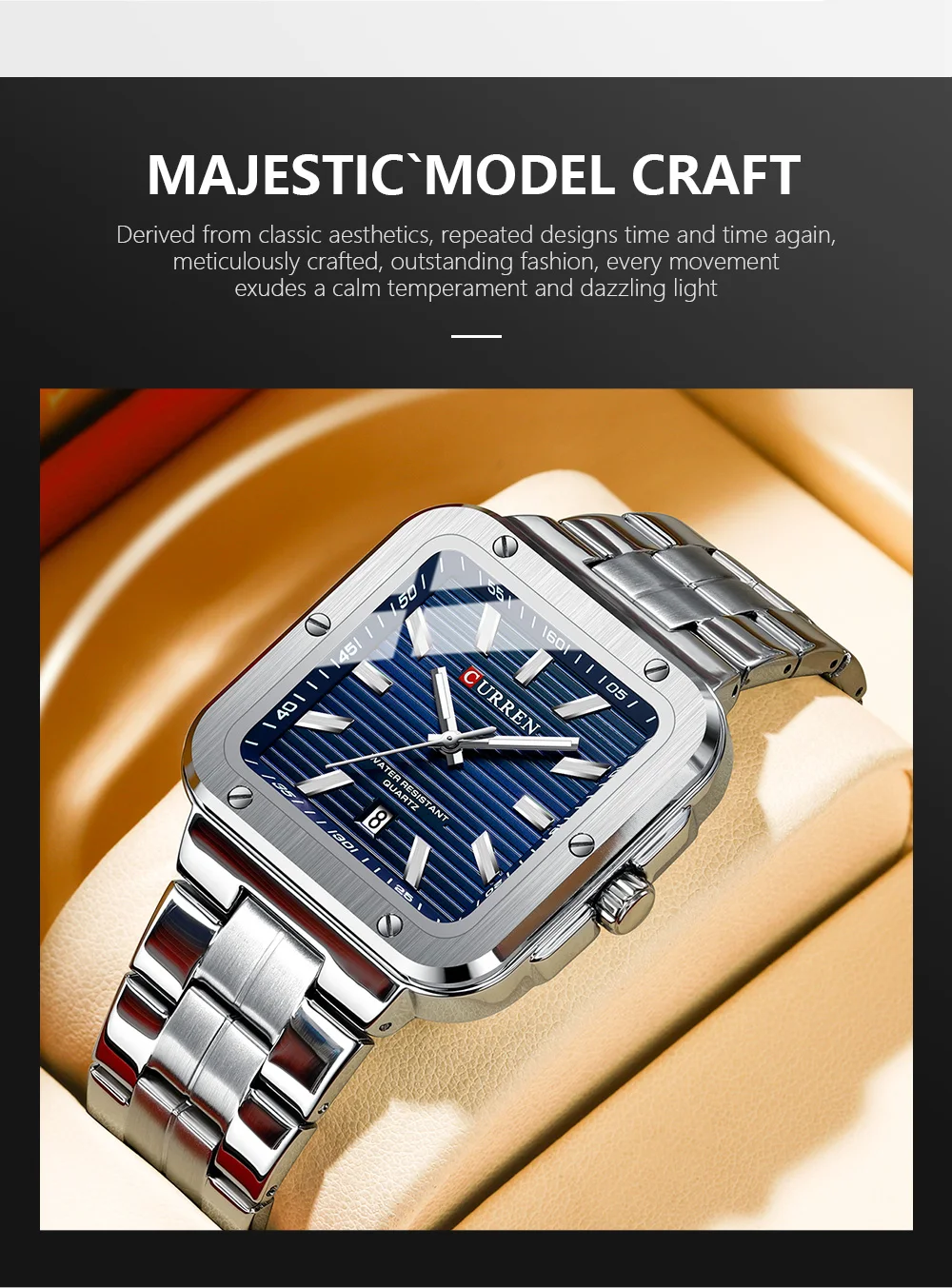 CURREN Einzigartige Quadratische Herrenuhr mit Grünem Zifferblatt - Edelstahlarmband, Business-Casual-Stil Quarz-Armbanduhren für Männer – Detail 3