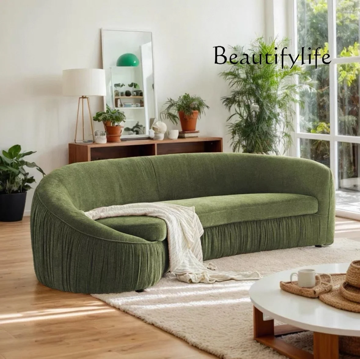 

Nordic modern minimalist chenille cloth sofa hotel pleated curved large flat multi-person sofa