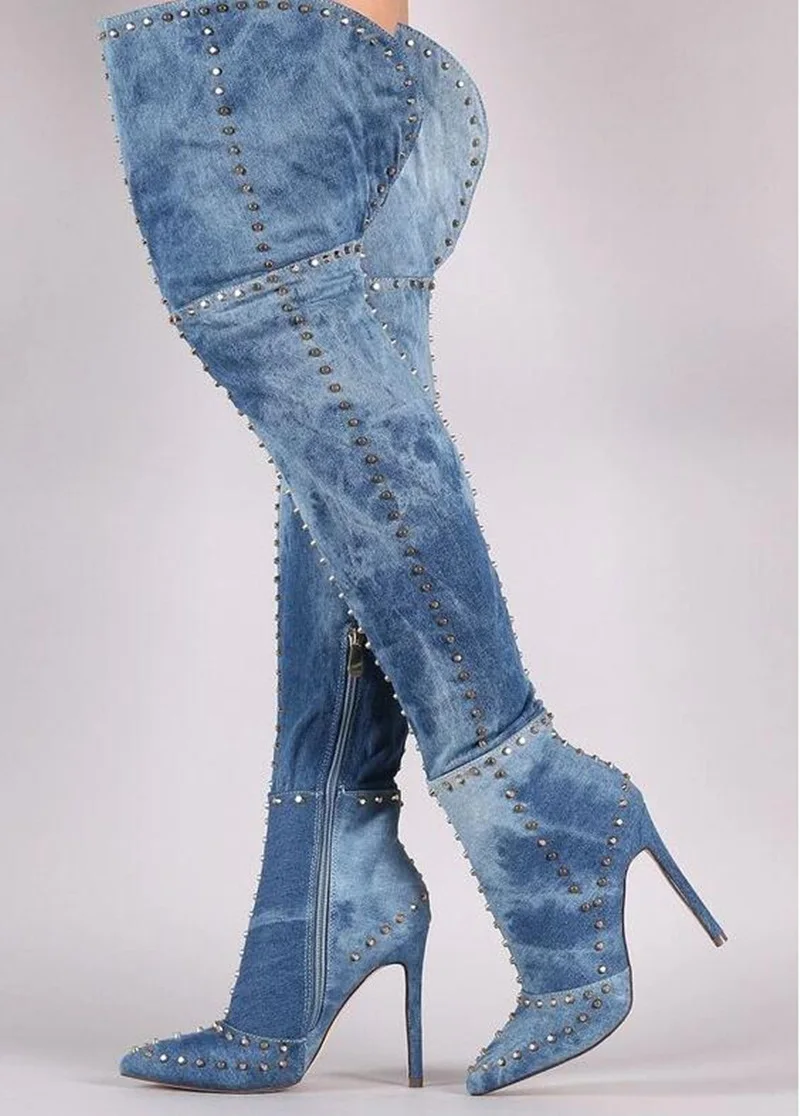 

Modern Metal Studded Blue Denim Boots Wide Calf Pointed Toe Zipper Thin Heels Stretch Fabric Women Winter Tall Boots Black Green