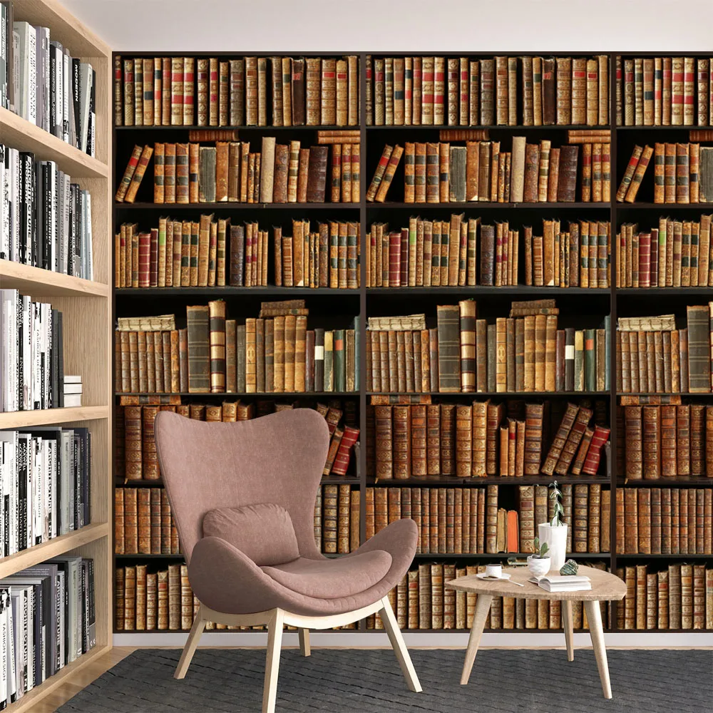 Modern Waterproof Walls Renovation Mural Wood Bookshelf Pattern Wallpaper Home Decor for Study Living Room, Peel Stick Optional