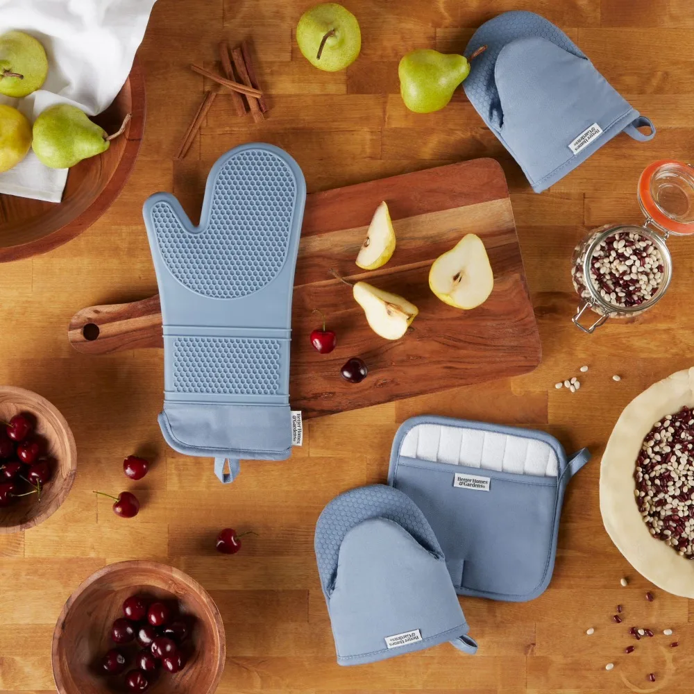 Heat Resistant 4-Piece Oven Mitt Set with Potholder and Mini Mitts Kitchen Cooking Baking Gloves Indigo Blue
