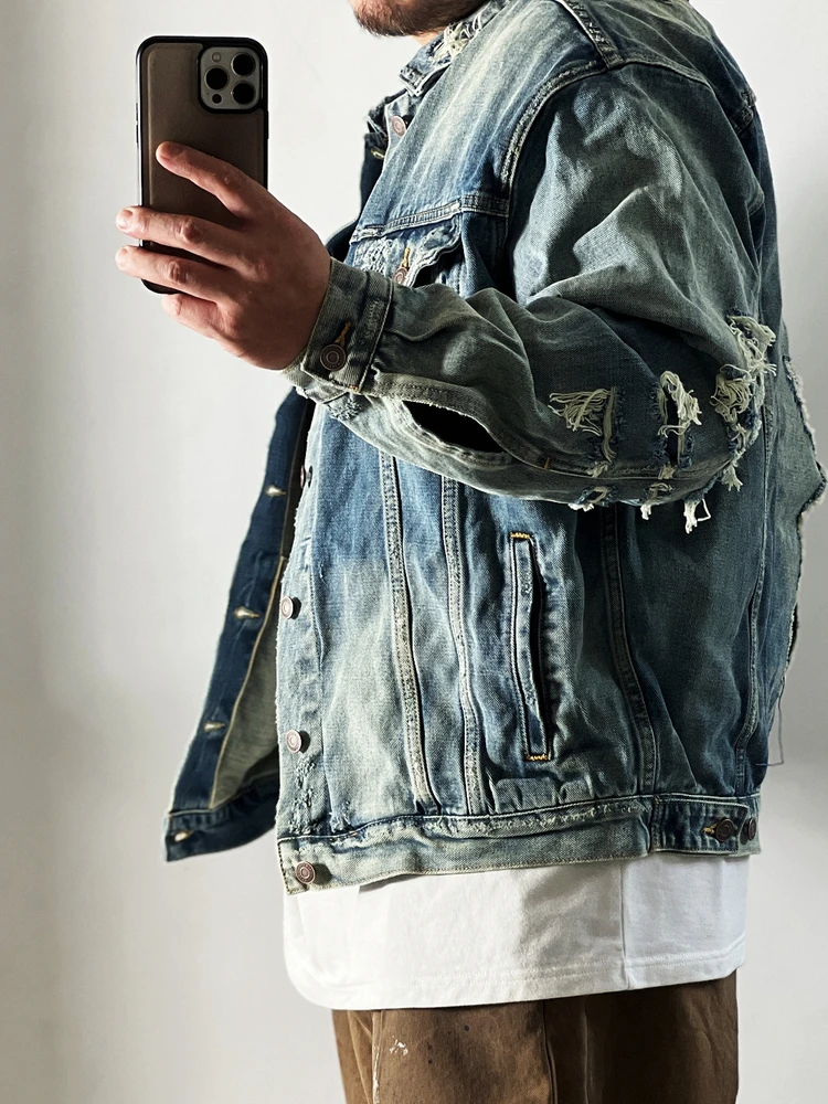Vintage Distressed Patchwork Heavy Red Ear Denim Jacket Youth Vitality Style Cotton Long Sleeve Flip Collar Single Button - view 3