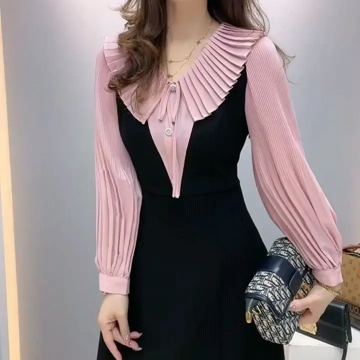 2024 Spring and Autumn New Style Slimming Long Sleeve Splicing Fashionable Age Reducing Middle Aged Women\'s Fashion Collar Dress