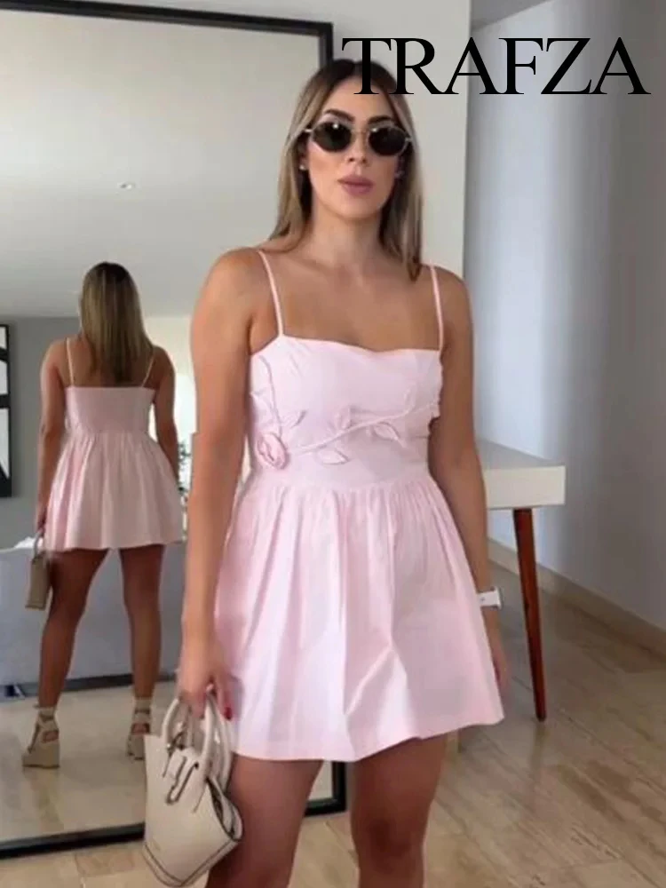 

TRAFZA Woman Fashion Dress Sleeveless Square Collar Beach Party Mini Sling Dresses Women Summer Backless Pleated Decorate Dress