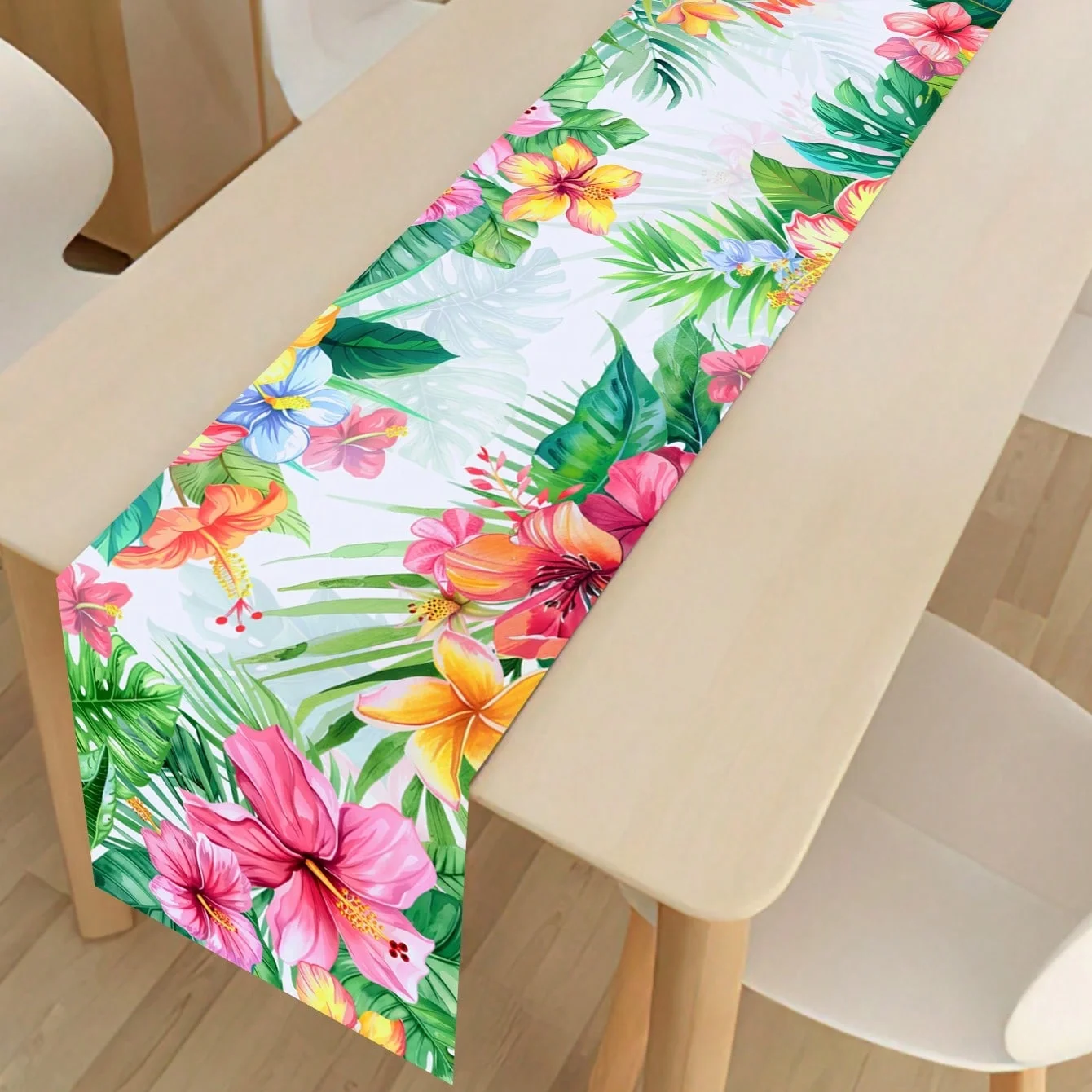 1Pc Tropical Floral Table Runner Hawaiian Style Hibiscus Flower Print Table Runner Summer Party Hibiscus Flower Decorative Cloth