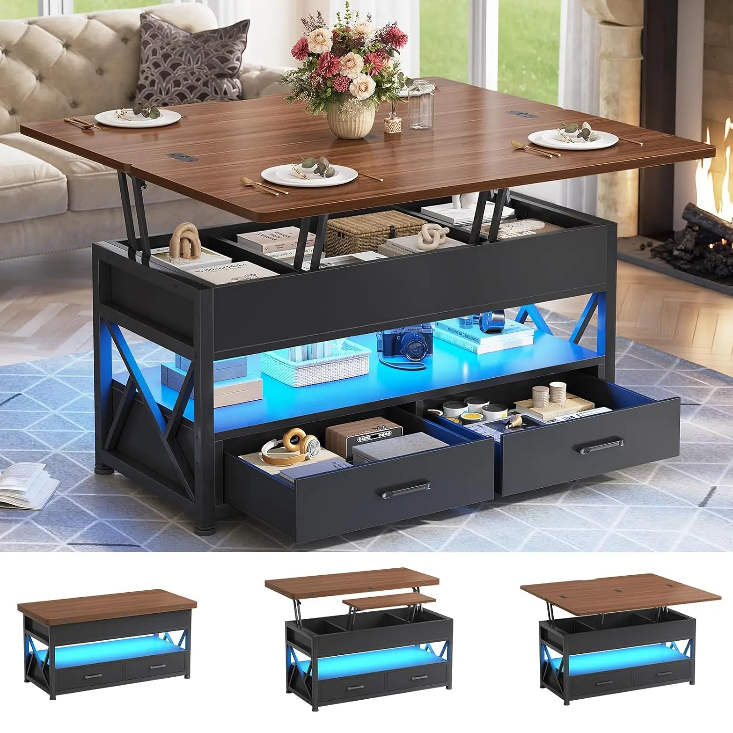 

40" Lift Top Coffee Table, 4 in 1 White Coffee Tables with Storage for Living Room, Small Coffee Table with 2, Customized