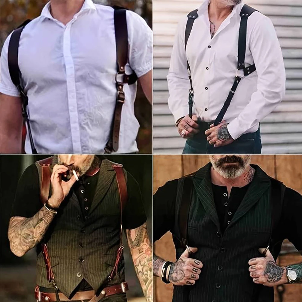 Men\'s Knight Brown PU Leather Suspenders Fashion Suit Shirt Suspenders Belt For Party Club Costume Men Gifts