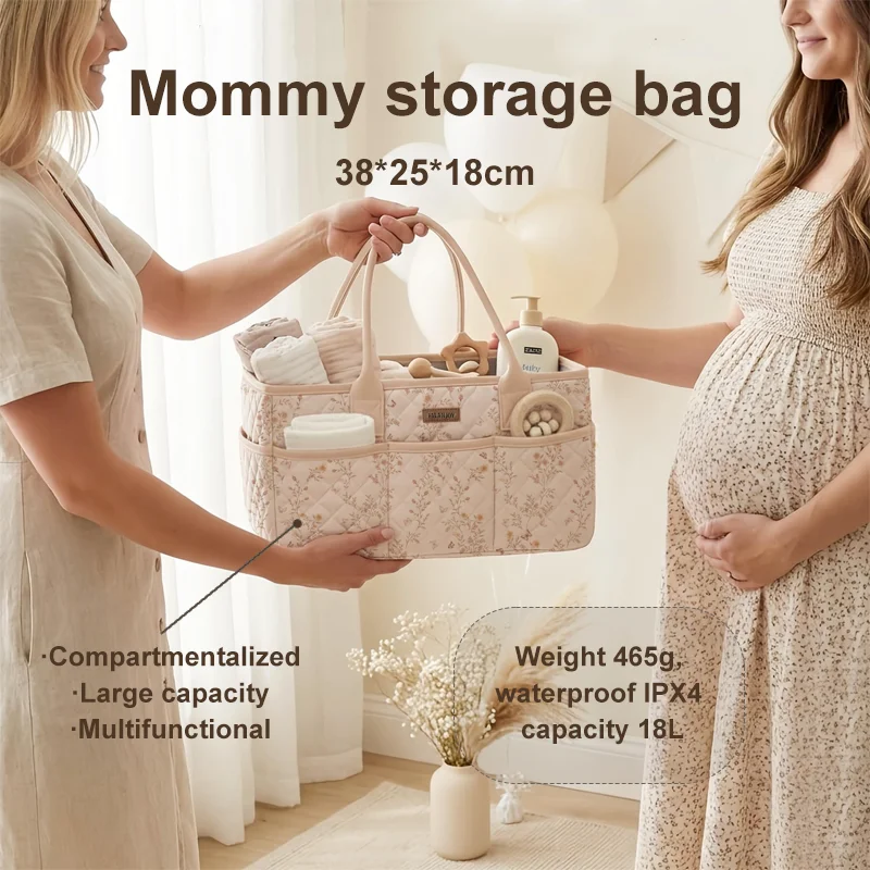 Diamond pattern mommy bag, large capacity and multifunctional, printed diaper bag, storage bag for bottles and diapers