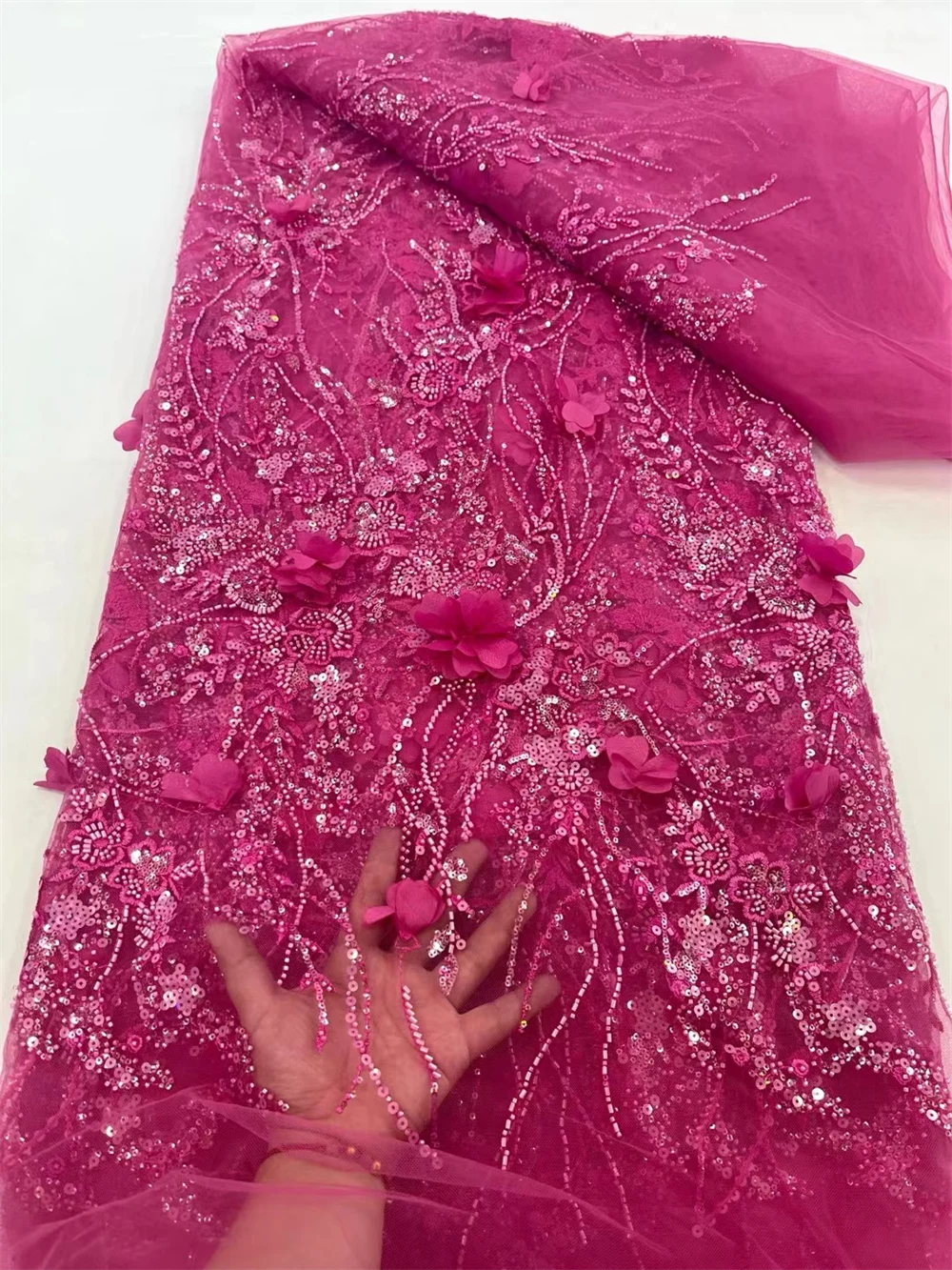 Tessuto di pizzo con paillettes 5 Yards Party Bridal Dubai perline di cristallo fatte a mano nuova sequenza di Tulle con perline africane di lusso di alta qualità