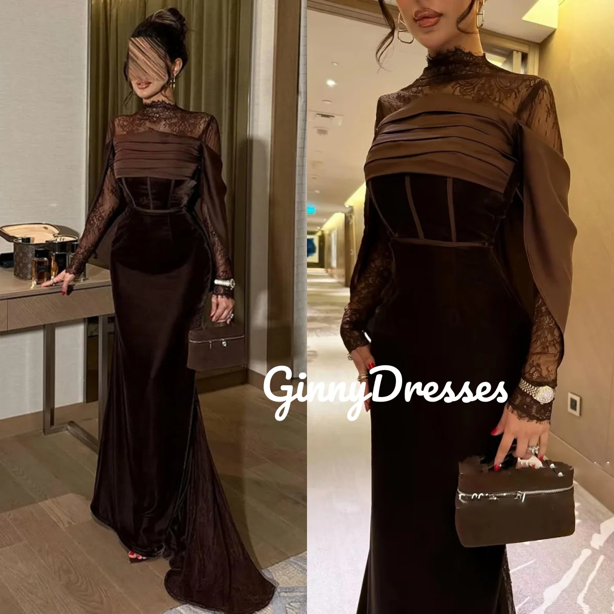 

Party Dresses Customize A-Line Scoop Neckline Zipper Up Luxury Evening Dresses Ruffle Long Sleeves Floor-Length Dresses For Spec