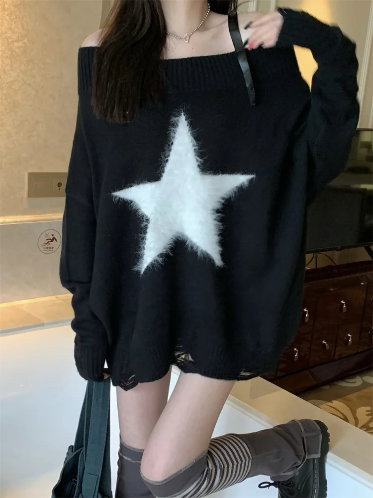 

Autumn Black Star Jacquard Oversize Sweater Y2K Aesthetic Loose Knit Pullover Harajuku Sexy Grunge Slash Neck Casual Pull Jumper