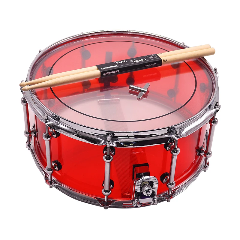 1 Piece 14inch Dia 6.5inch Depth Transparent Acrylic Snare Drum with Silver Color 2mm Iron Hoop and Alloy Single Side Drum Lug