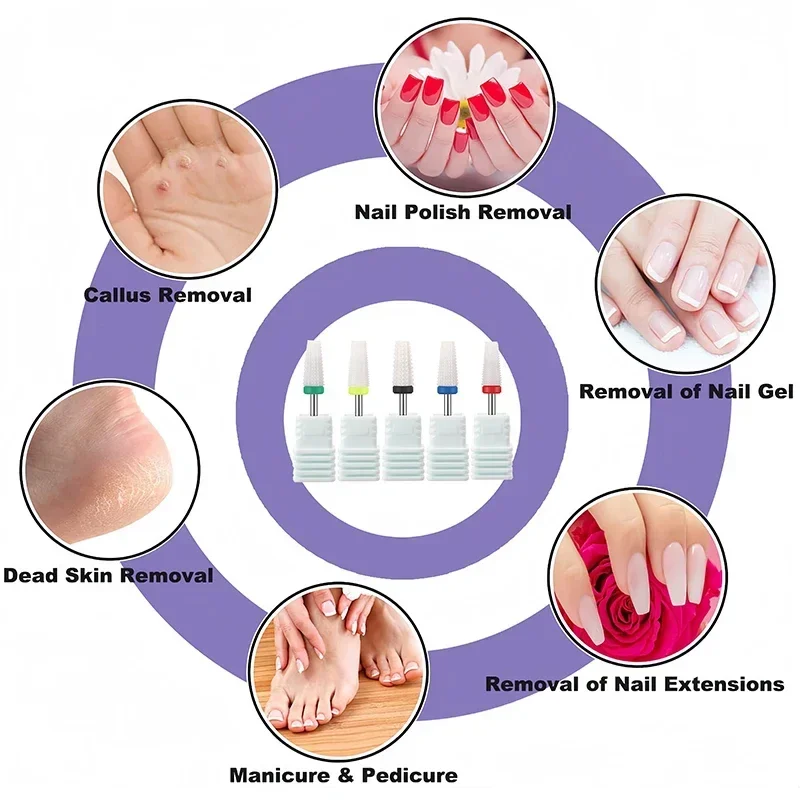 Broca de carburo de tungsteno para uñas, taladro de manicura para fresa, 5 en 1, brocas de cerámica para máquina de perforación eléctrica, nuevo