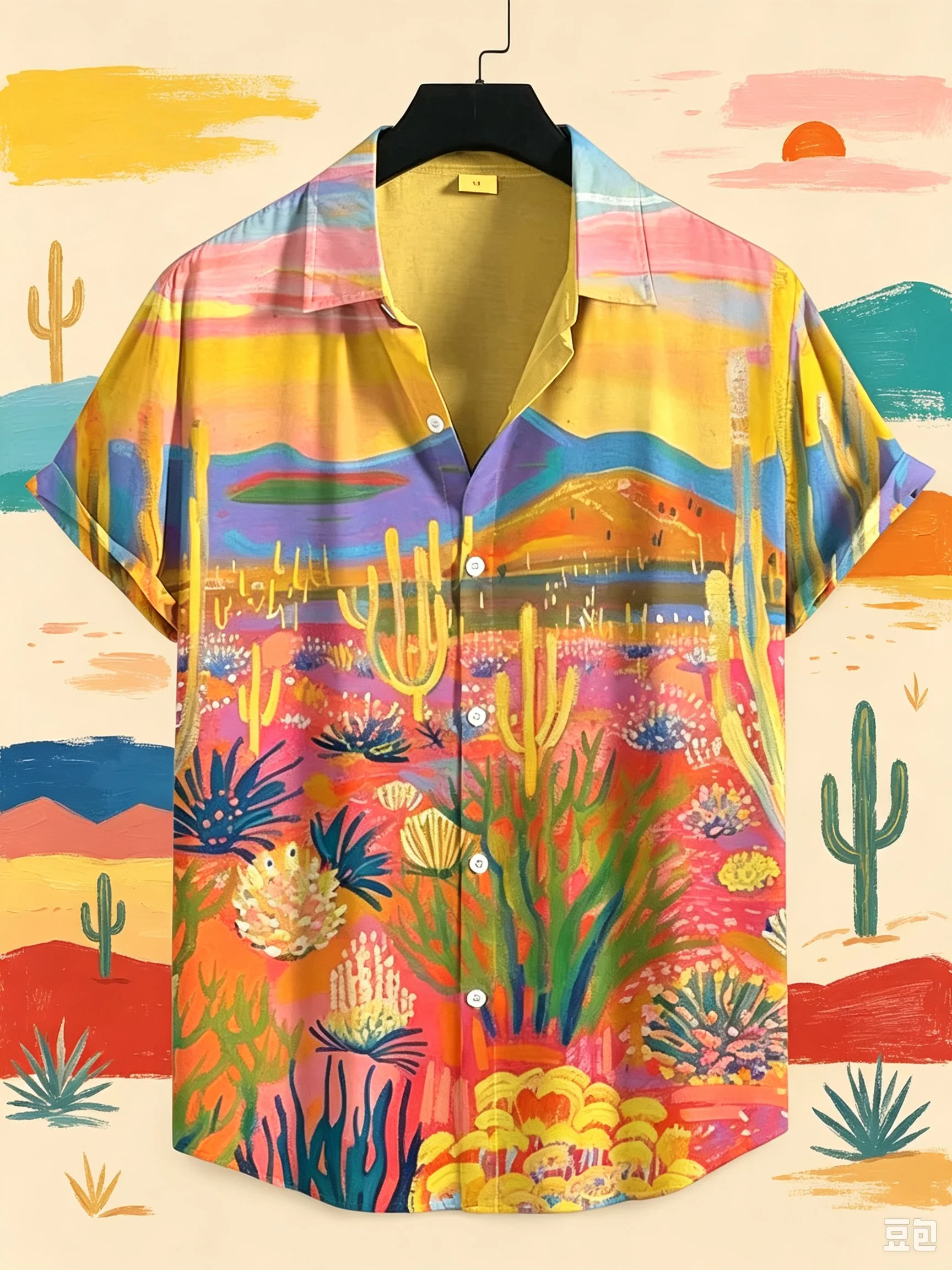 Men Oil Painting Desert Cactus Print Short Sleeve Shirt Lapel  Casual Loose Hawaiian Shirts Summer Beach Vacation Blouse Tops