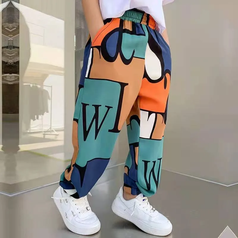 Boys Print Casual Pants Jeans Summer Graffiti Designer Vaqueros Print Sweatpants Thin Teenage Kids Short Clothes for 2-12 Y