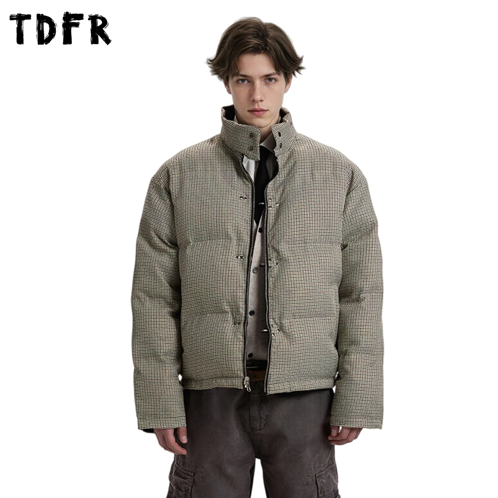 

Plaid Double-sided Padded Jacket Mens Winter Thick Retro Casual Stand Collar Long Sleeve Drawstring Hem Bread Jacket Man