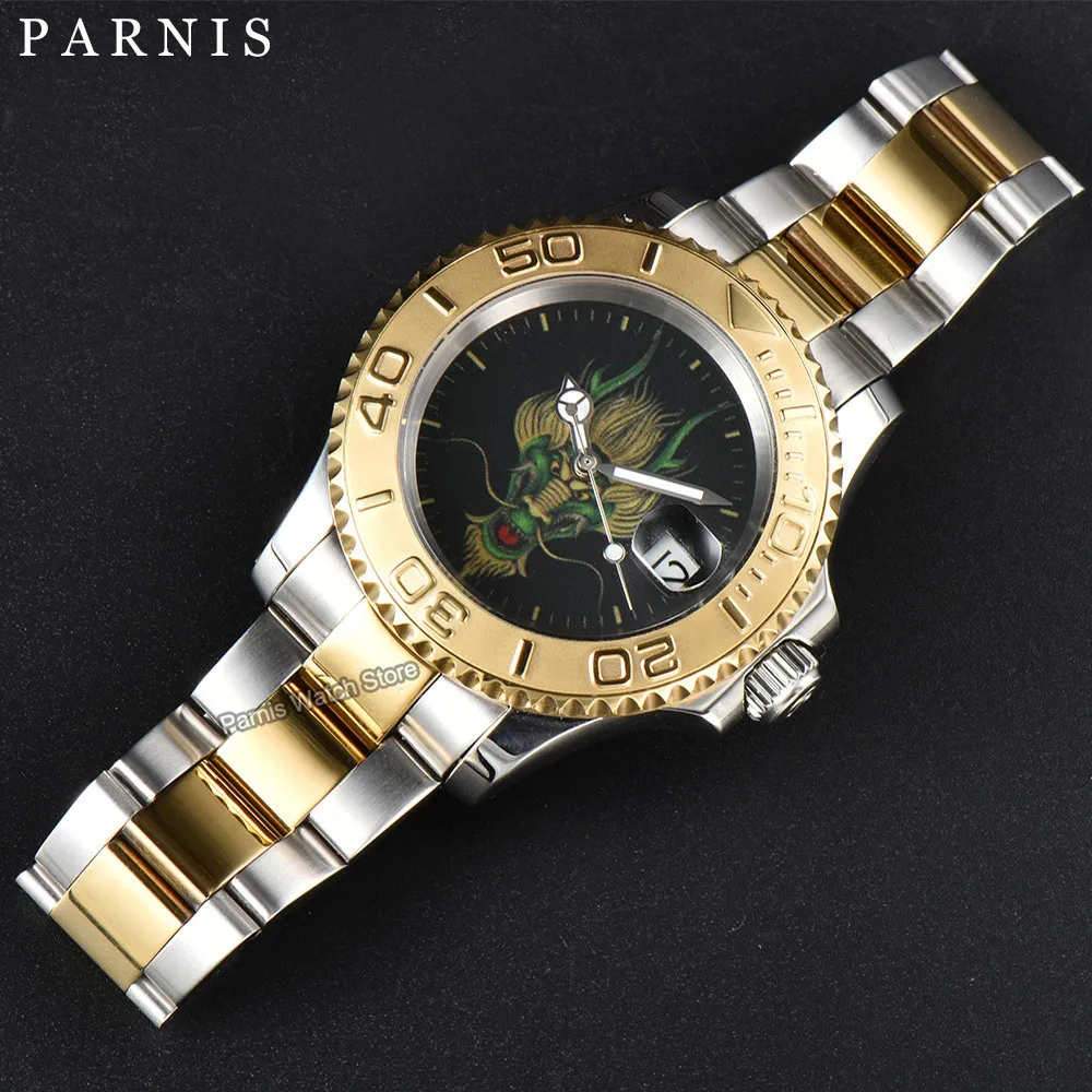 Parnis 41mm Automatic Movement Date Display Men Custom Drawing Watch Gold Stainless Bracelet