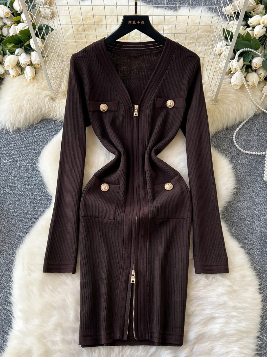 Croysier V Neck Zip Up Long Sleeve Knit Dress Front Golden Buttoned Sexy Night Party Bodycon Dresses For Women Clothing 2024