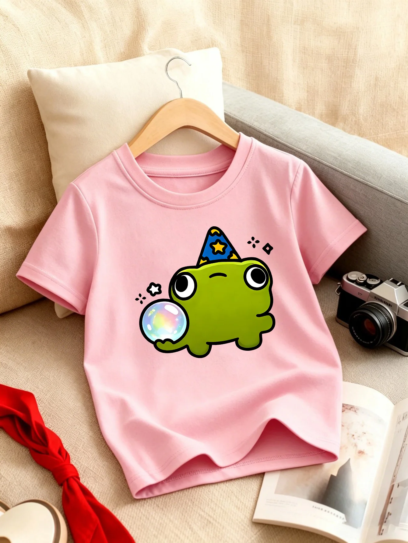 Magic Hat Bubble Frog Cartoon Print Kids T Shirt Boys Girls Cotton Short Sleeve Parent Child Cute Animal Casual Basic Tee