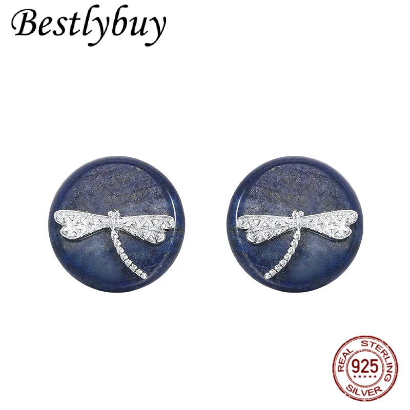 

Natural Lapis Lazuli 925 Pure Silver Dragonfly Unique Design Minimalism 12MM Round Earrings Women's Fashion Jewelry