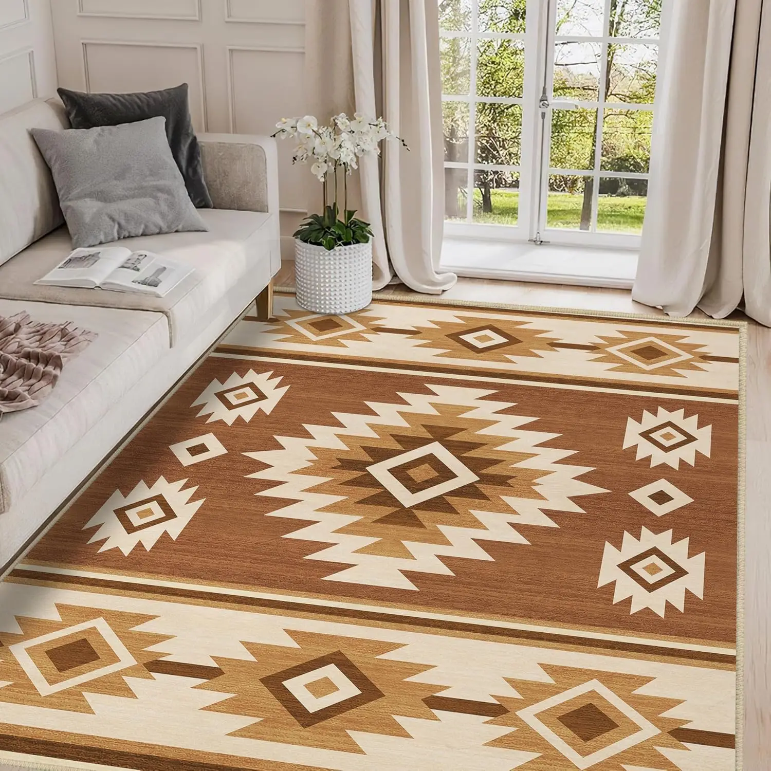 

Bohemian Aztec Geometric Print Area Rug, Brown & Beige Tribal Non-Slip Floor Mat for Living Room Bedroom Home Decor Carpet
