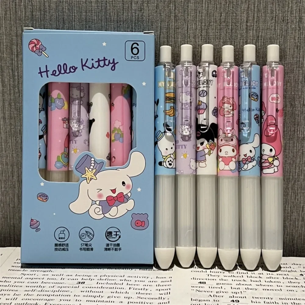 

6pcs/box Sanrio Anime Peripheral Kawaii Cute Kuromi Hello Kitty ST Head Black Pupil Diary Examination Gel Pen Study Stationery