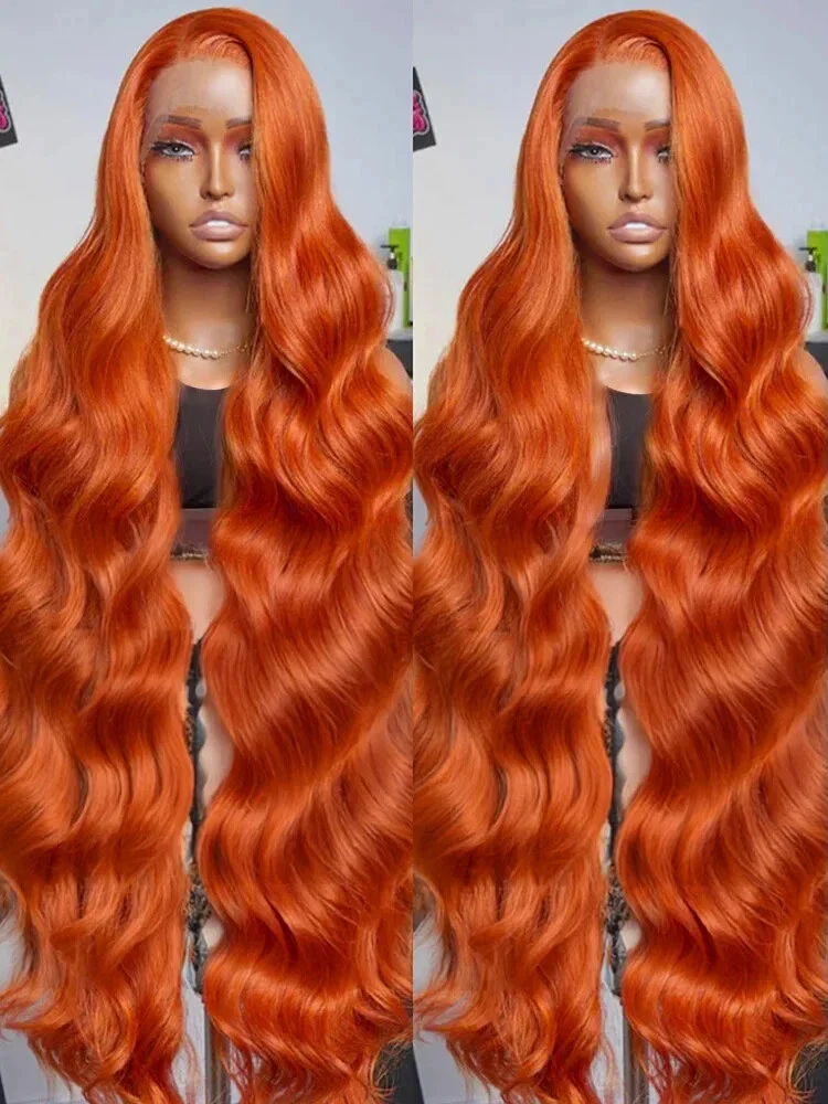 

34-дюймовый оранжевый рыжий 13x4 парики из натуральных волос на кружеве для женщин, бразильский 350 цвет 13x6, объемная волна, кружевной фронтальный парик, предварительно выщипанный