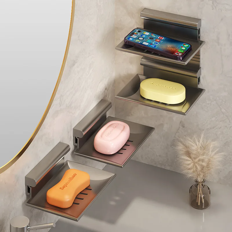 

Wall-Mounted Toilet Shelf - Free Soap Box, Single-Layer Soap Dish, Drainable & Foldable Bathroom Storage Organizer