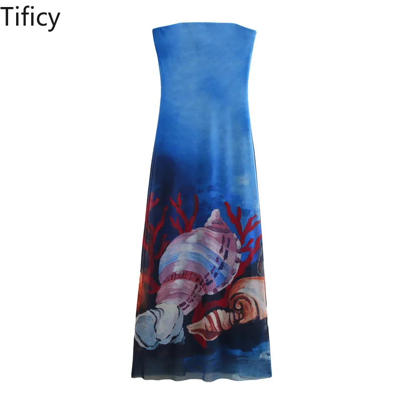 

TIFICY Summer Fashion Dresses Summer New Women's Shell Printed Slim Fit Silk Mesh Strapless Dress Streetwear Vestidos De Mujer