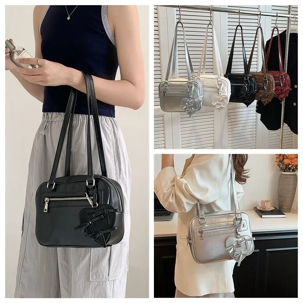 

Fashion PU Leather PU Bowling Bag Solid Color With Pendant Silver Handbag Large Capacity Korean Style Shoulder Bag Shopping