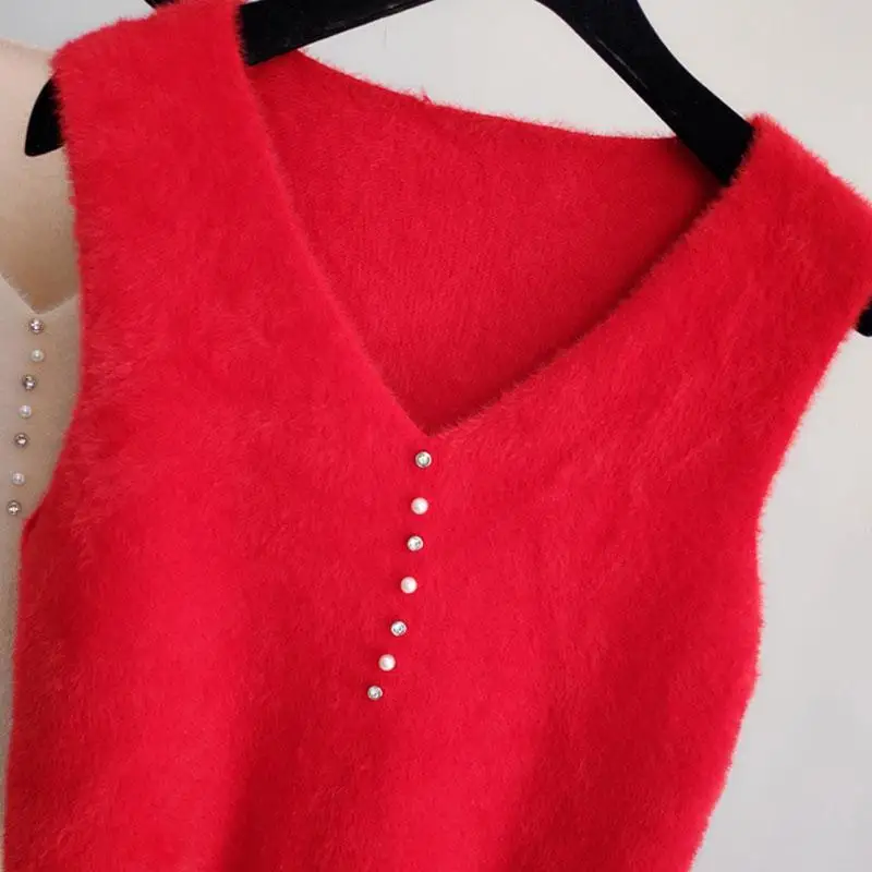 Mink Fleece Sweater Women\'s Vest Vest Knitted Fall/Winter 2023 New V-Neck Sleeveless Vest