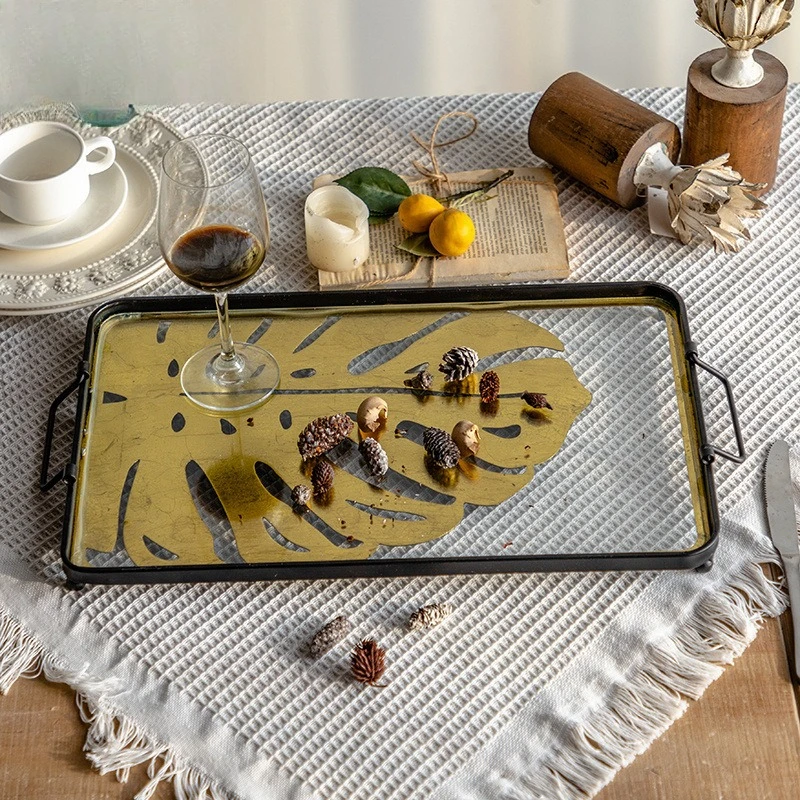 

Light luxury household fruit plate wrought iron gold, hotel model room decorative ornament retro metal teacup tray