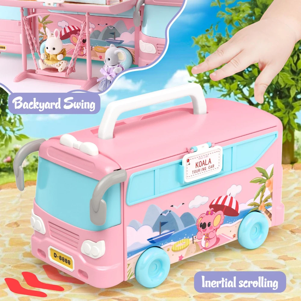 WizKidz - Doll House Playset for Girls Toys Miniature Pretend Play Portable Foldable Camper Toy Car with Furniture Accessories