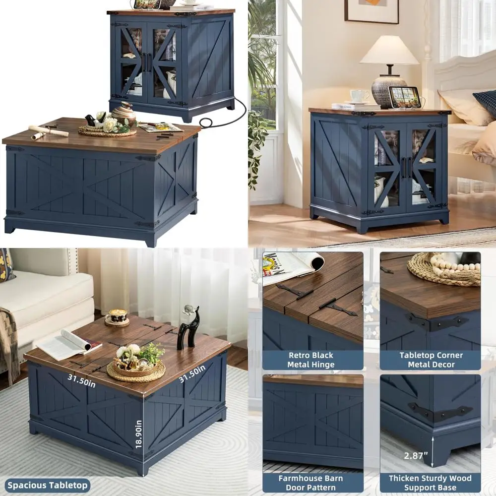 Set da caffè e tavolino da fattoria in 2 pezzi con stazione di ricarica e vano portaoggetti