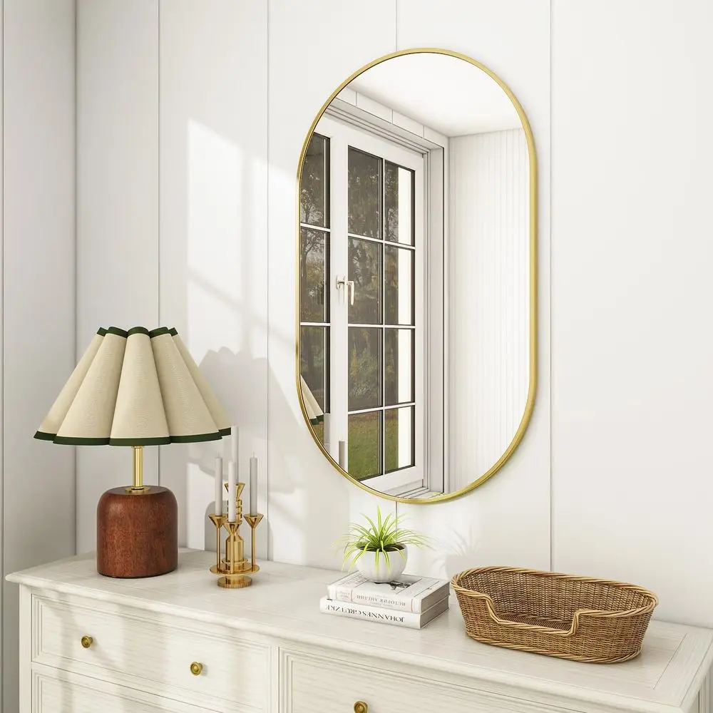 

Gold Oval Wall Mirror, 20x36 - Metal Framed, Horizontal Hanging, Ideal for Bathroom, Bedroom, Entryway, Living Room